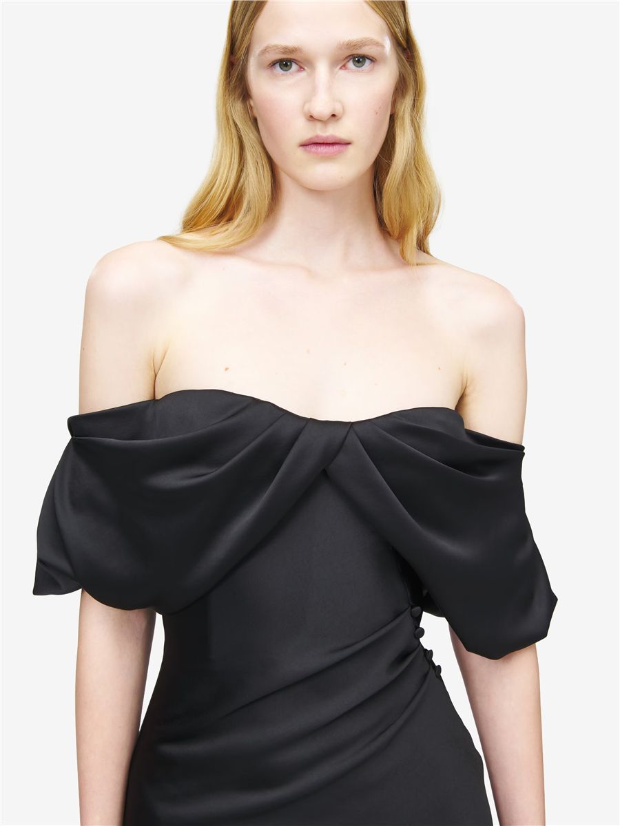 Women's off-the-shoulder draped evening dress in black-MCQUEEN-Verso