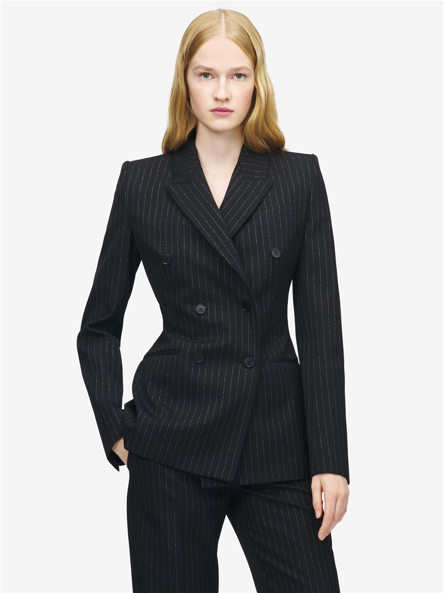 Women's pinstriped double-breasted jacket in black-MCQUEEN-Verso