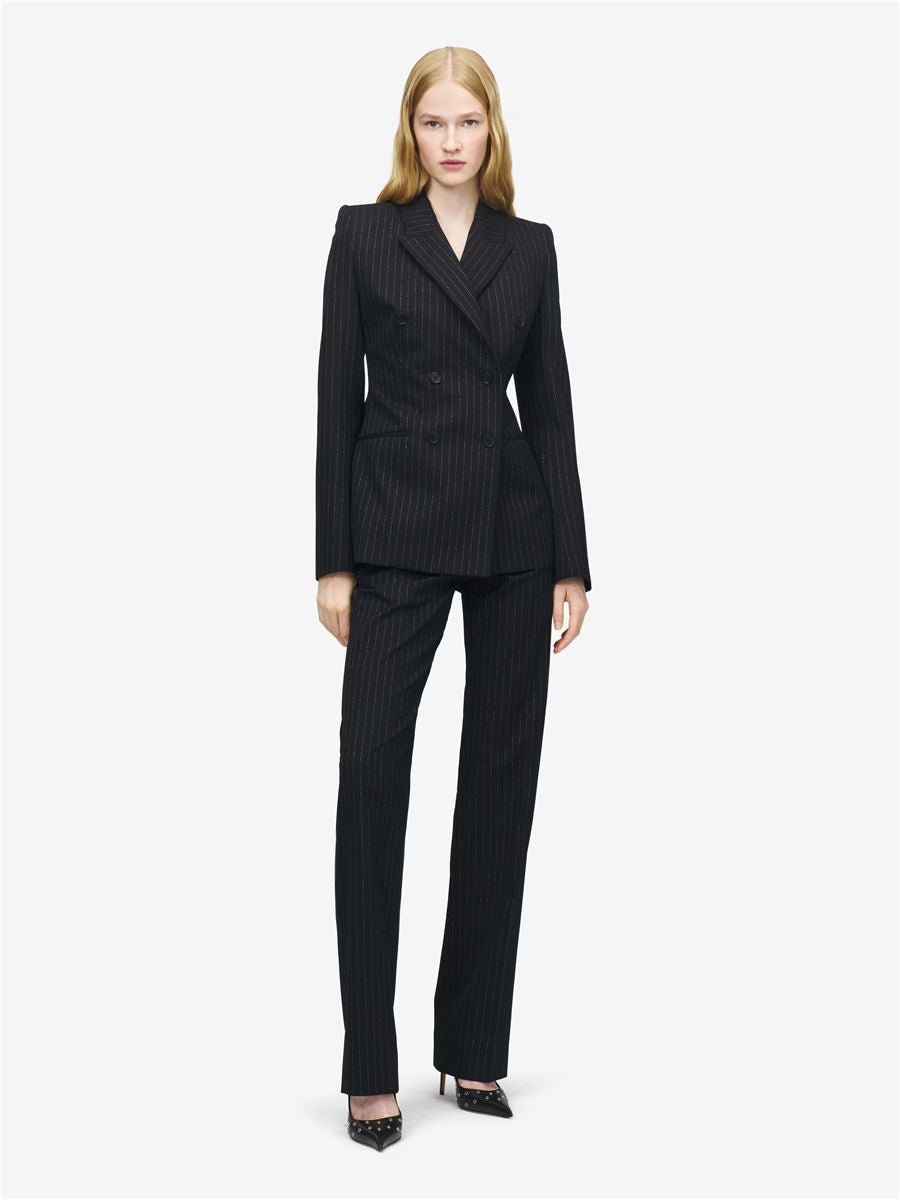 Women's pinstriped double-breasted jacket in black-MCQUEEN-Verso