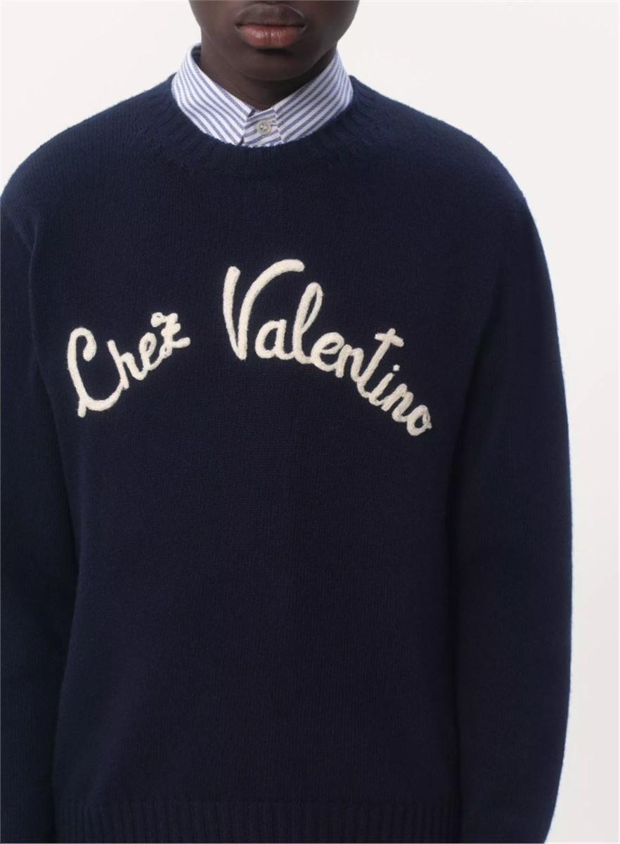 WOOL CREWNECK JUMPER WITH CHEZ VALENTINO EMBROIDERY -  VALENTINO -  Verso