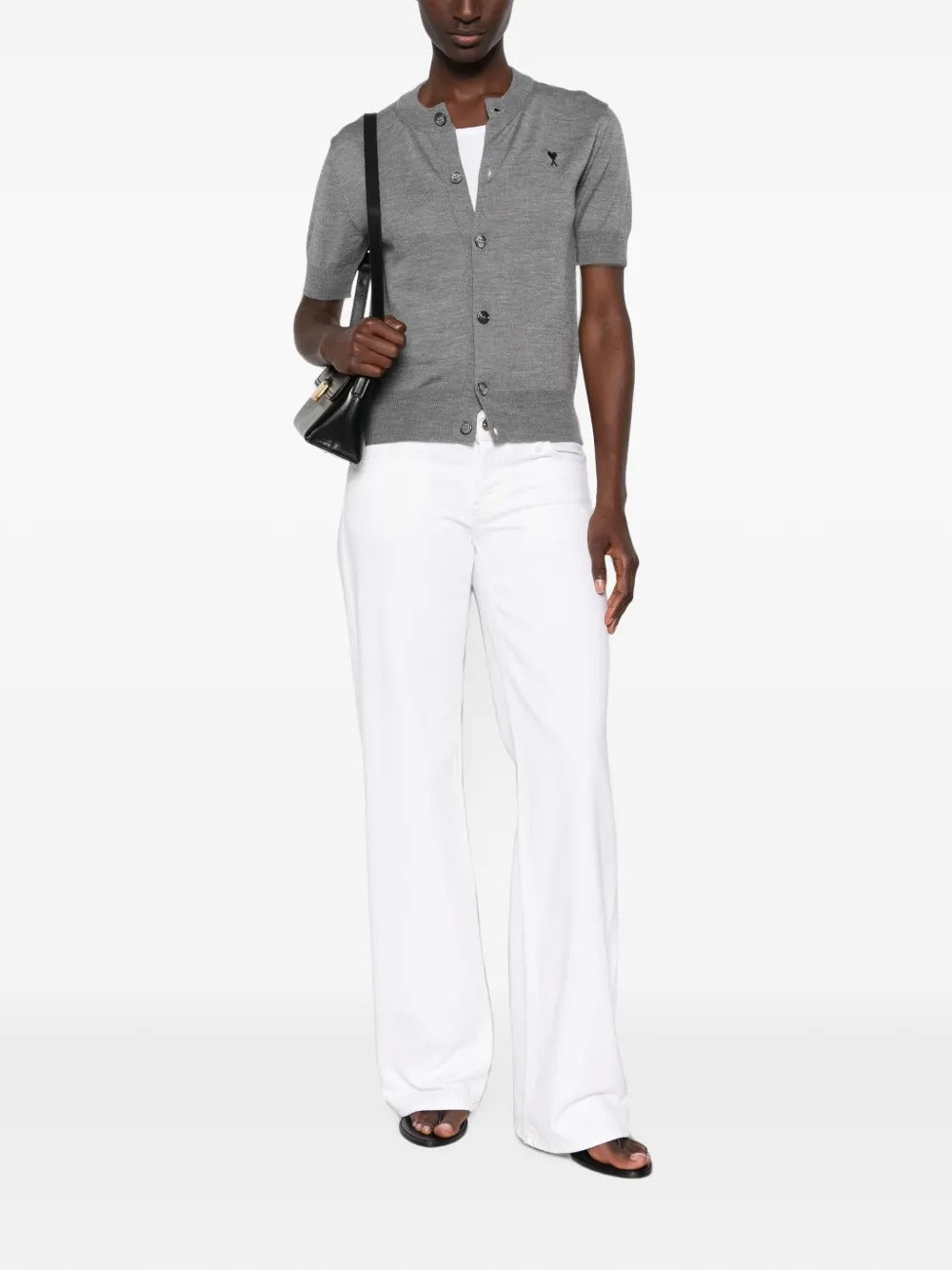 Wool short-sleeve cardigan with ami de coeur-AMI-Verso
