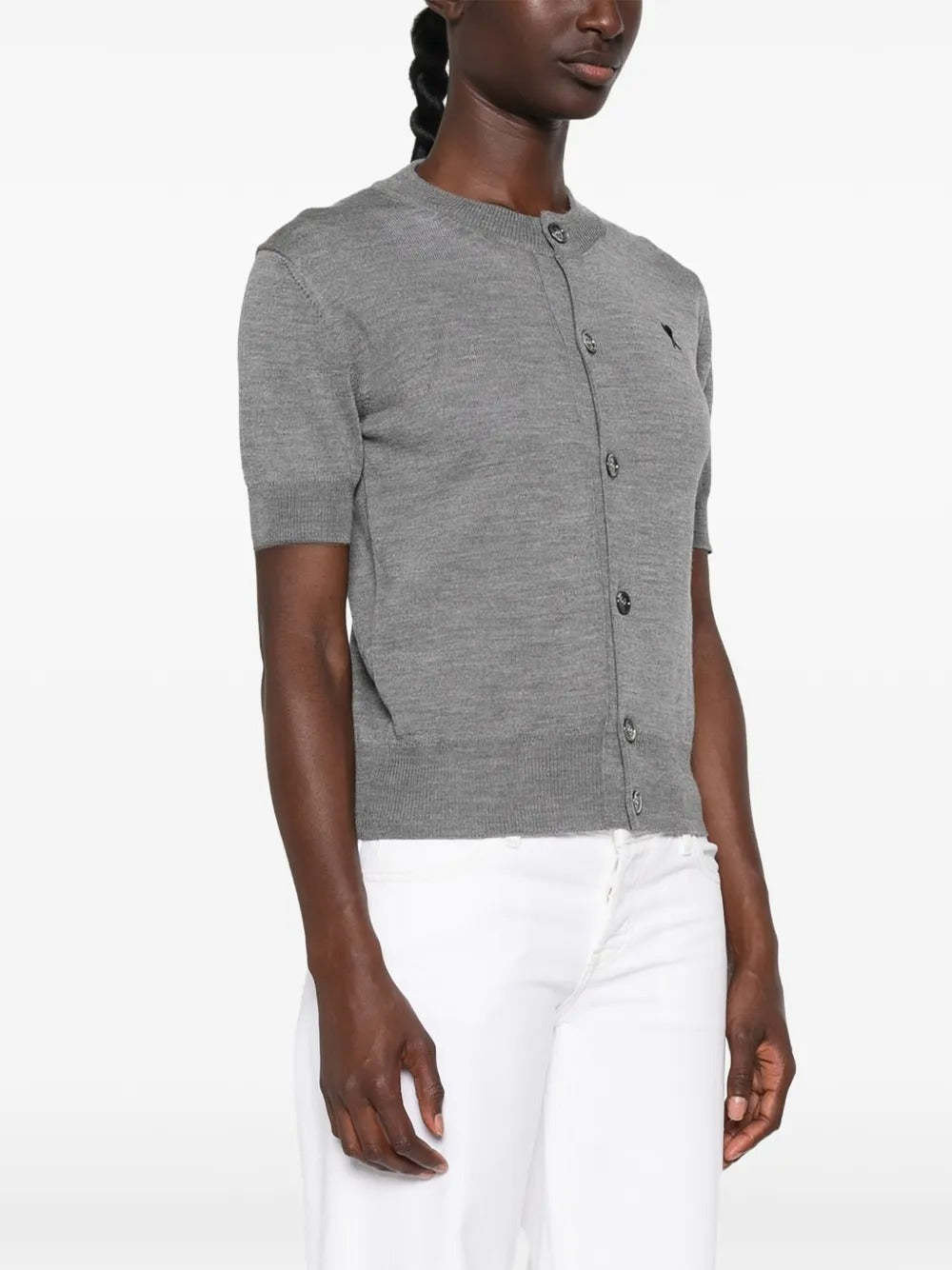 Wool short-sleeve cardigan with ami de coeur-AMI-Verso