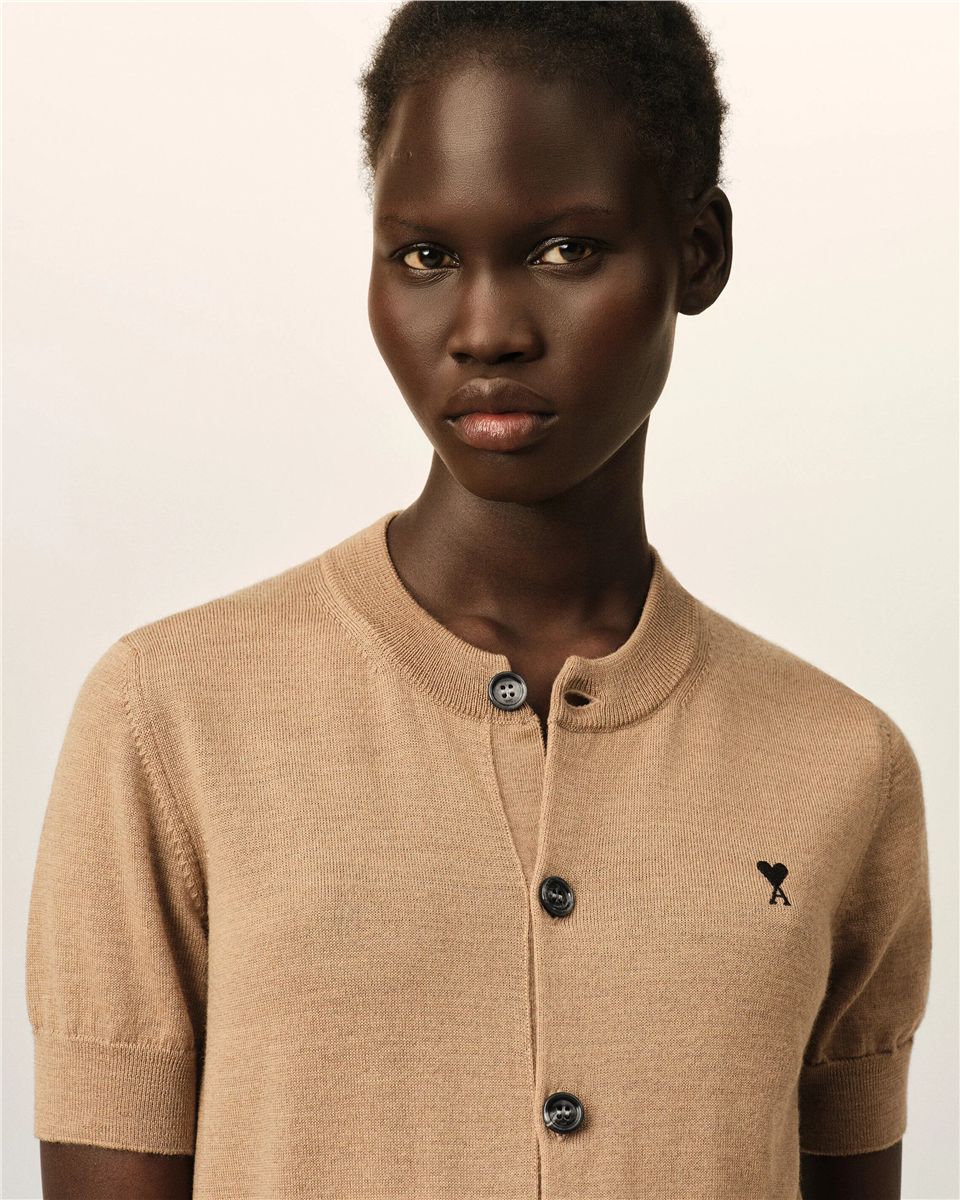 Wool short-sleeve cardigan with ami de coeur-AMI-Verso