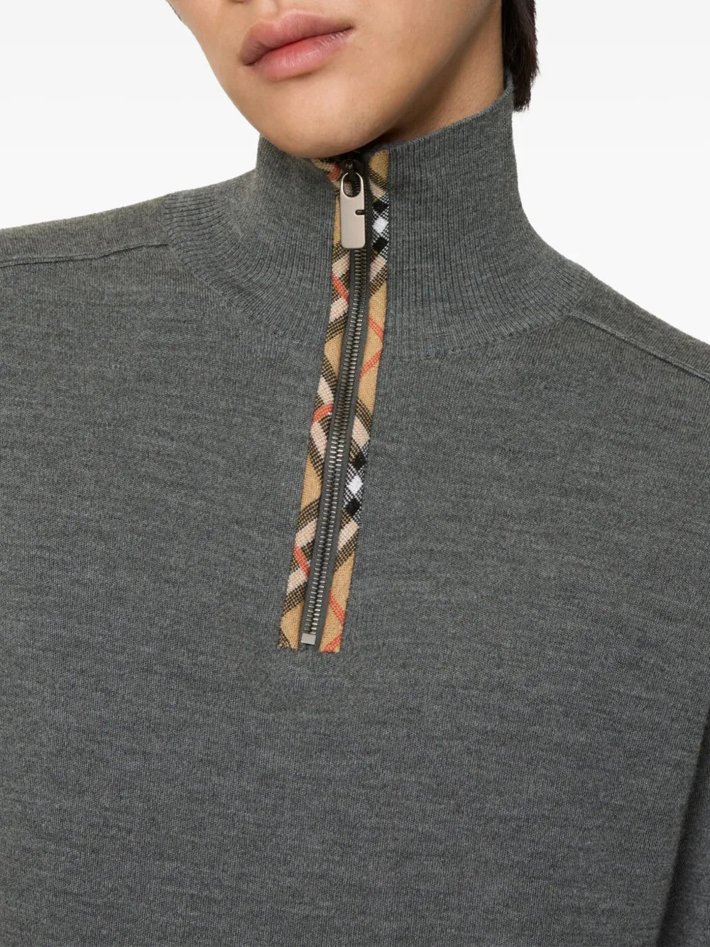 Turtleneck check-trim half-zip sweater-BURBERRY-Verso