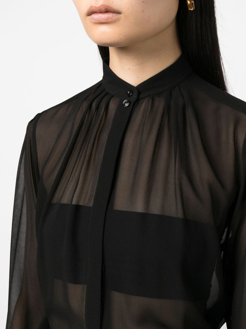 DETACHABLE FLORAL APPLIQUÉE SHEER SILK BLOUSE