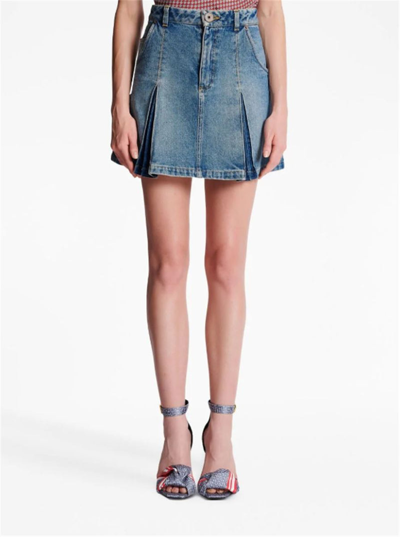PLEATED DENIM SKIRT