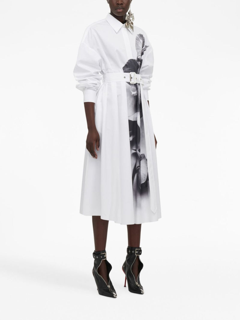ORCHID-PRINT SHIRT FLARED DRESS