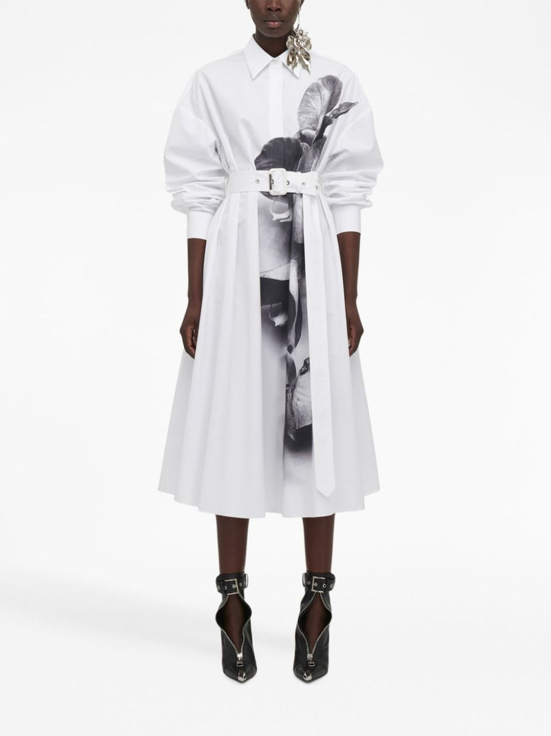 ORCHID-PRINT SHIRT FLARED DRESS