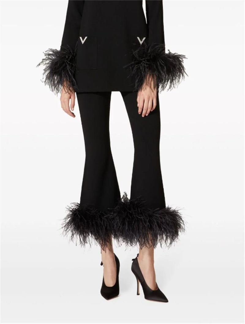 FEATHER-TRIM FLARED TROUSERS