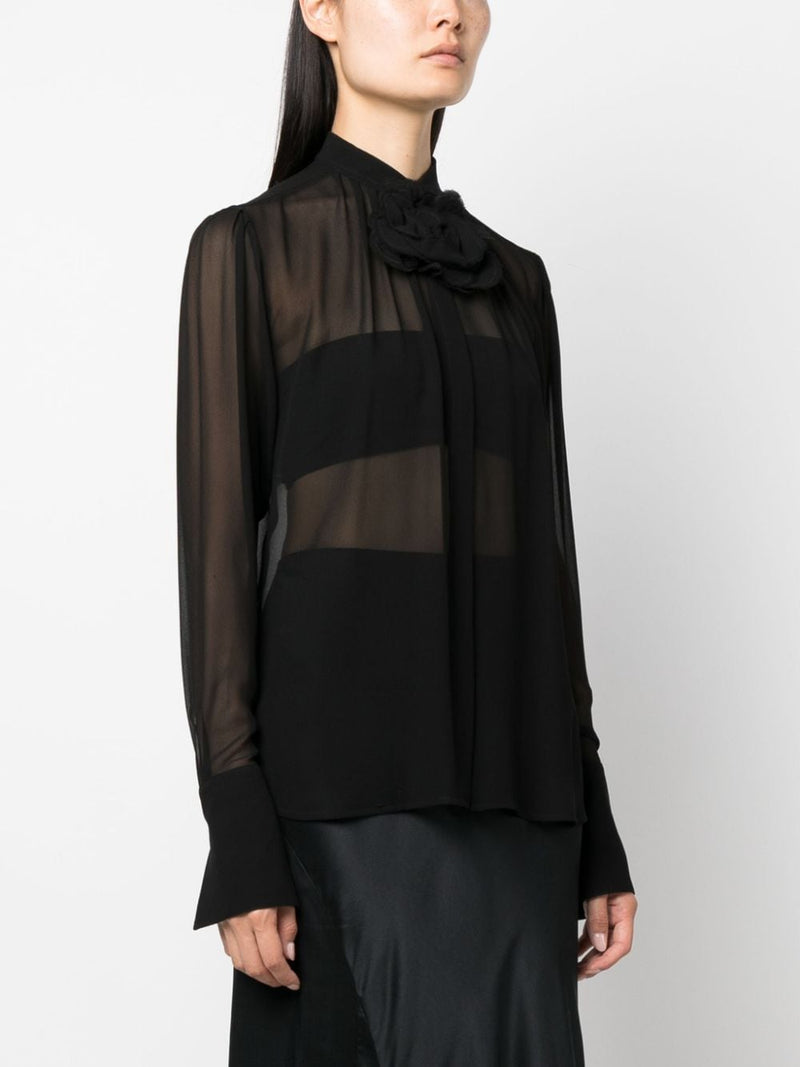 DETACHABLE FLORAL APPLIQUÉE SHEER SILK BLOUSE