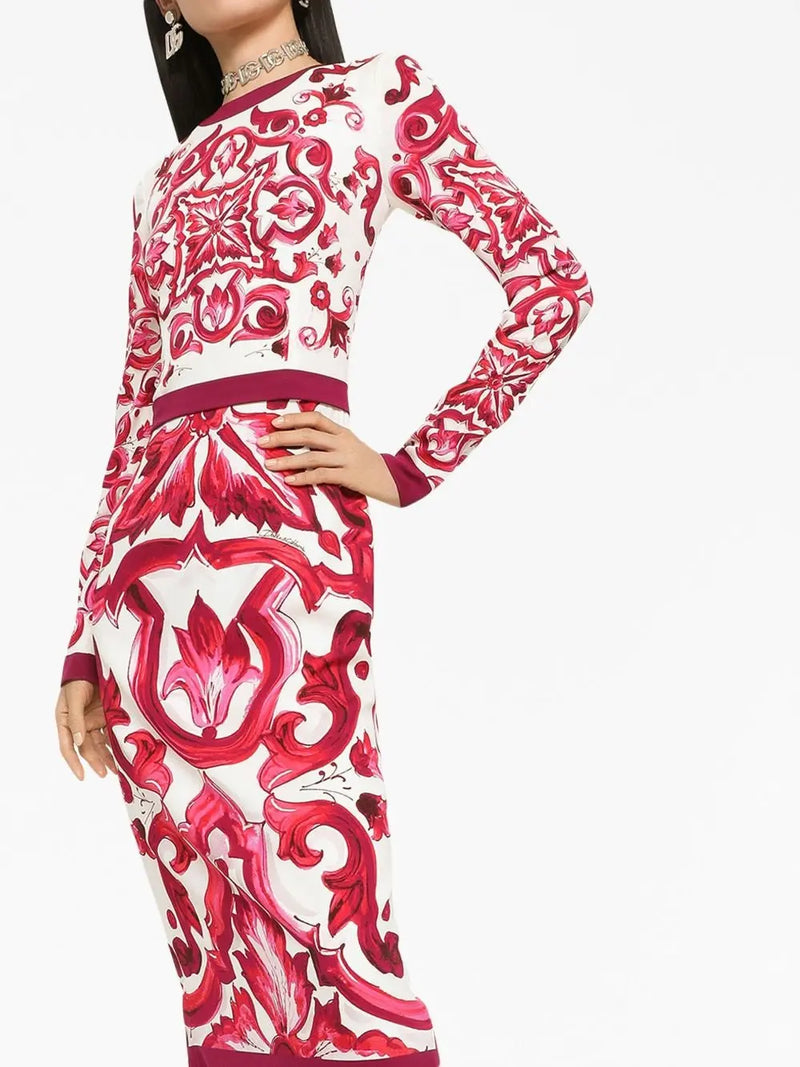 MAJOLICA-PRINT PENCIL MIDI DRESS